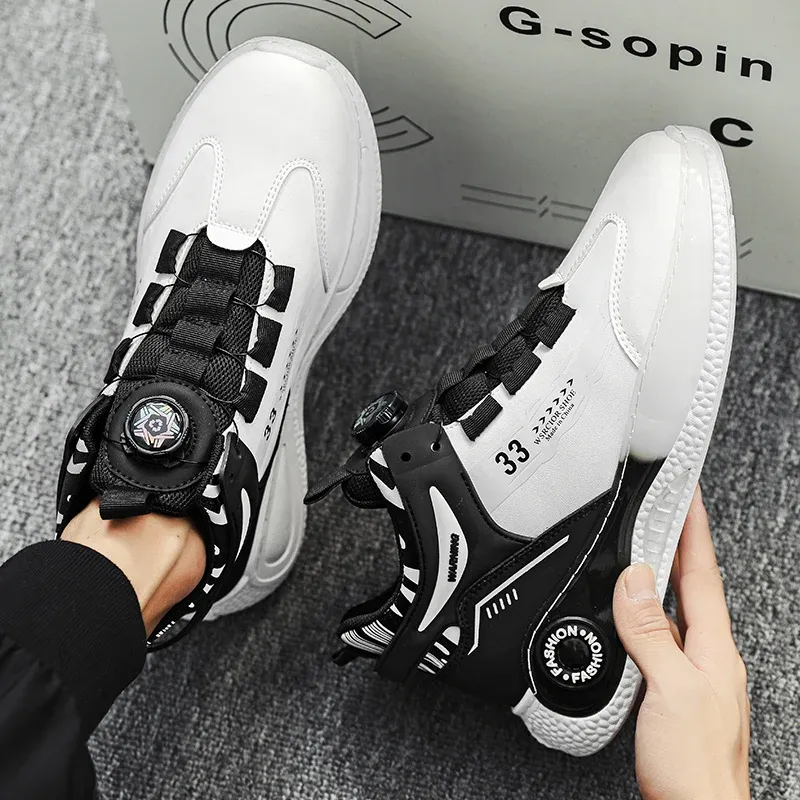 Men's Rotating Buckle Sneakers - Comfy Non-Slip Lace-Up Durable Artificial Leather Casual Shoes for Spring/Autumn Outdoor Activities - Image 5