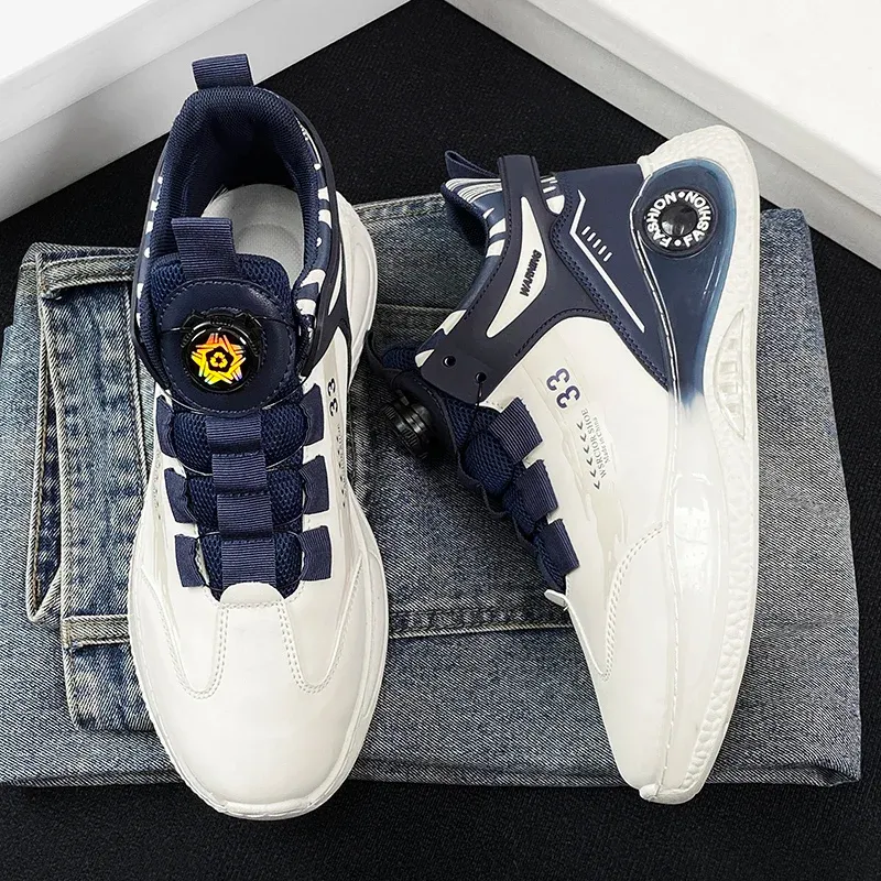 Men's Rotating Buckle Sneakers - Comfy Non-Slip Lace-Up Durable Artificial Leather Casual Shoes for Spring/Autumn Outdoor Activities - Image 6