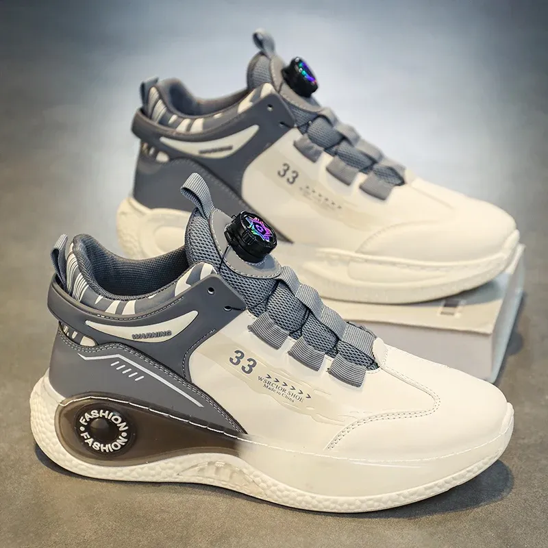 Men's Rotating Buckle Sneakers - Comfy Non-Slip Lace-Up Durable Artificial Leather Casual Shoes for Spring/Autumn Outdoor Activities - Image 3