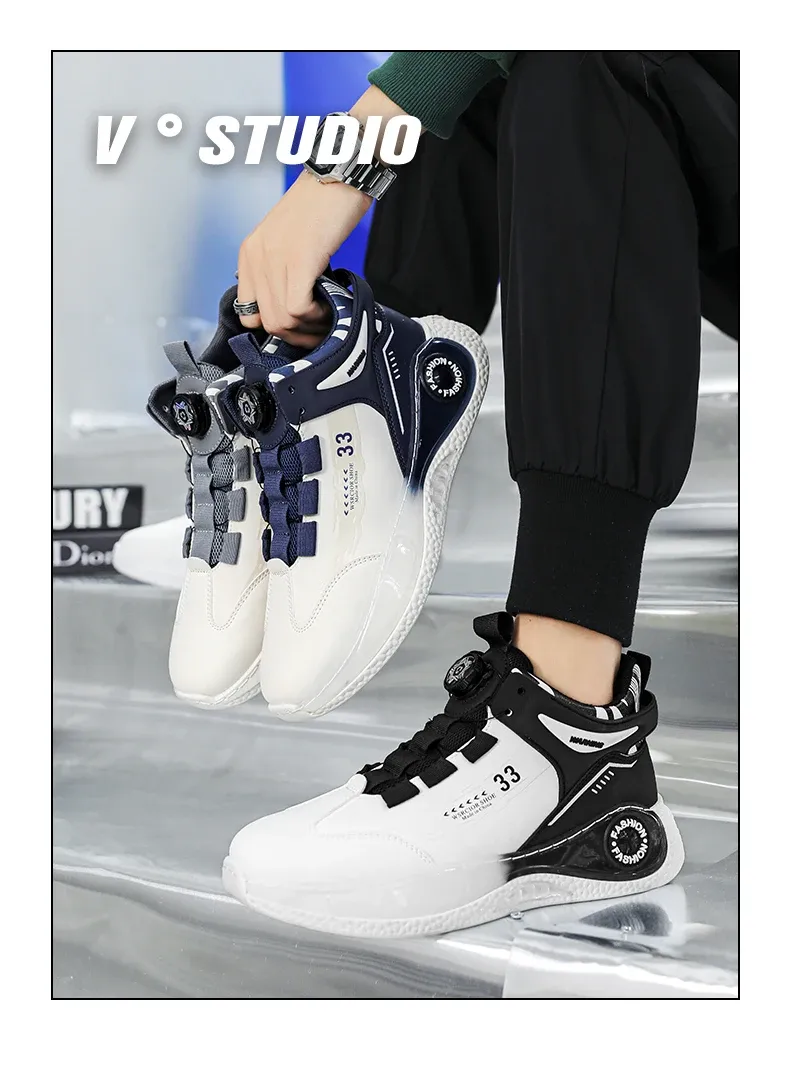 Men's Rotating Buckle Sneakers - Comfy Non-Slip Lace-Up Durable Artificial Leather Casual Shoes for Spring/Autumn Outdoor Activities showcase 2