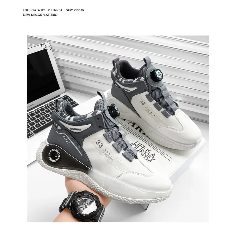Men's Rotating Buckle Sneakers - Comfy Non-Slip Lace-Up Durable Artificial Leather Casual Shoes for Spring/Autumn Outdoor Activities showcase 7
