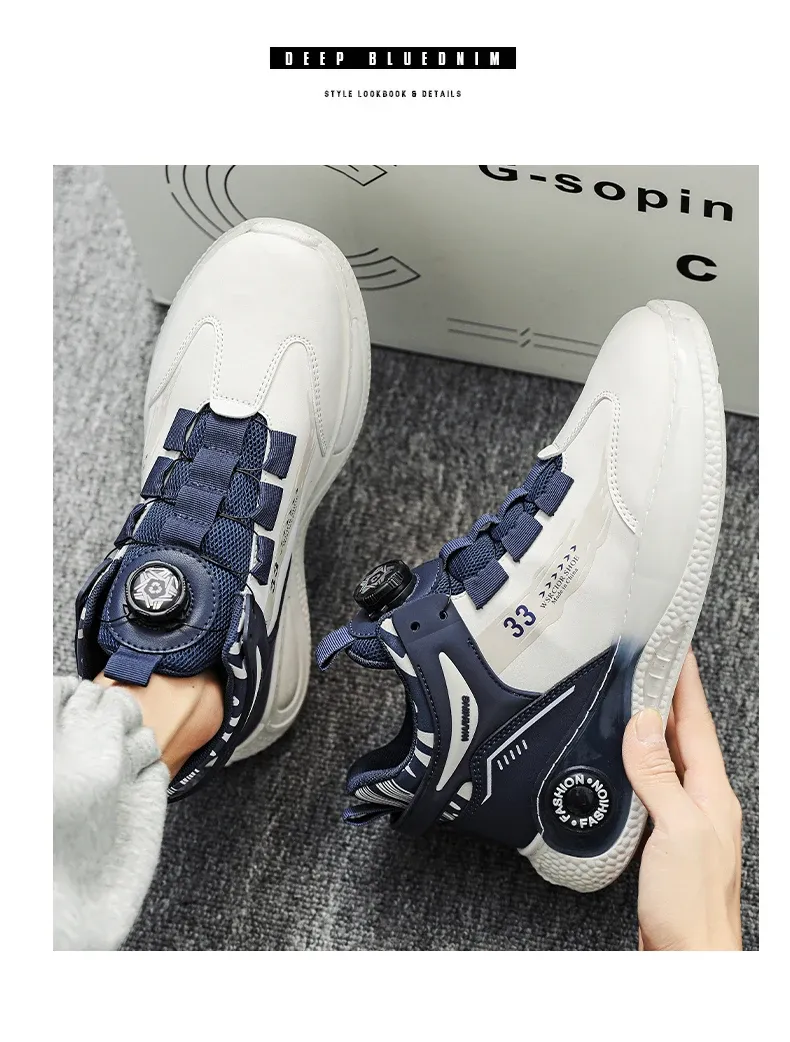 Men's Rotating Buckle Sneakers - Comfy Non-Slip Lace-Up Durable Artificial Leather Casual Shoes for Spring/Autumn Outdoor Activities showcase 17