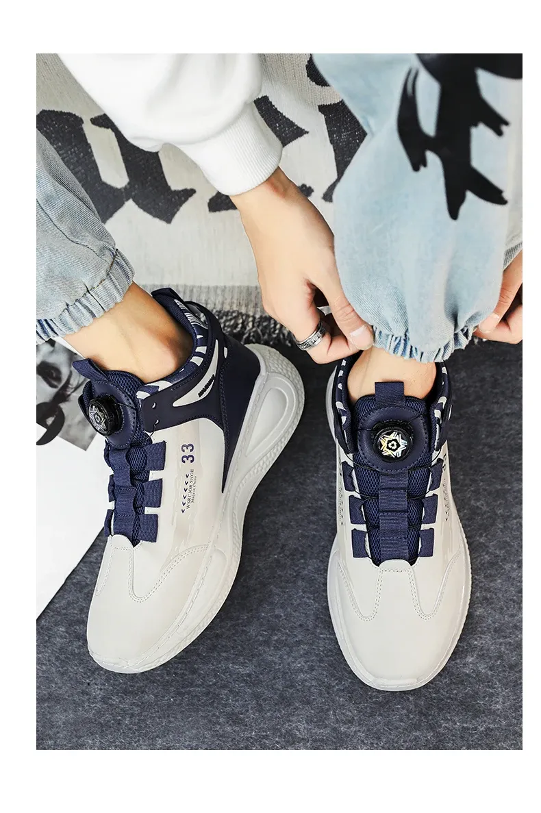 Men's Rotating Buckle Sneakers - Comfy Non-Slip Lace-Up Durable Artificial Leather Casual Shoes for Spring/Autumn Outdoor Activities showcase 14