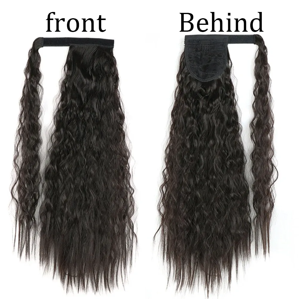 Synthetic Long Corn Wavy Ponytail Hairpiece - Heat Resistant Fiber Clip-On Hair Extension for Women, Ombre Brown Blonde, 22 Inches - Image 2