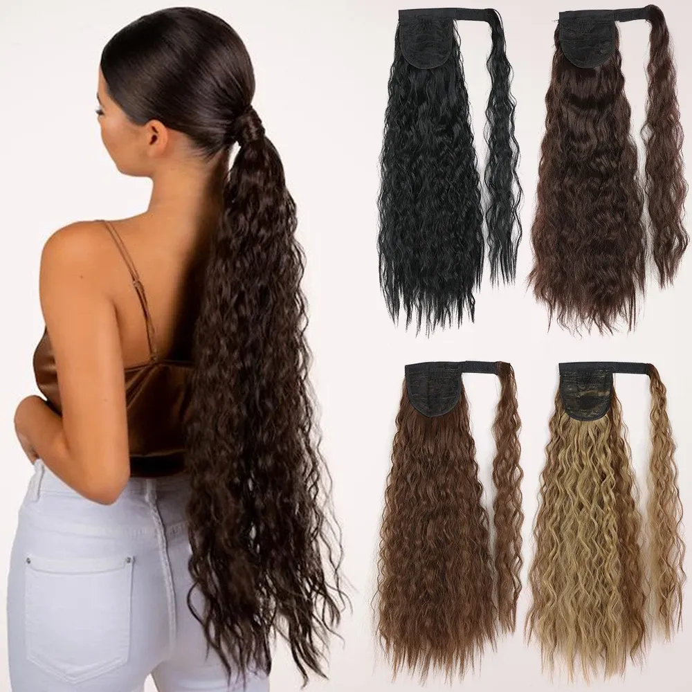 Synthetic Long Corn Wavy Ponytail Hairpiece - Heat Resistant Fiber Clip-On Hair Extension for Women, Ombre Brown Blonde, 22 Inches