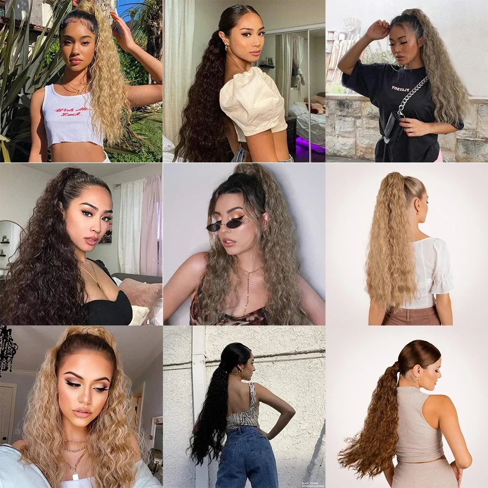 Synthetic Long Corn Wavy Ponytail Hairpiece - Heat Resistant Fiber Clip-On Hair Extension for Women, Ombre Brown Blonde, 22 Inches showcase 2