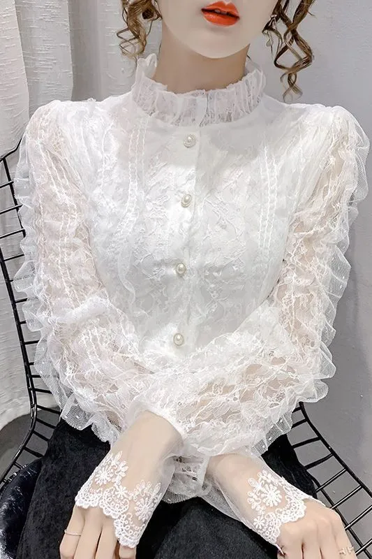 White Lace Ruffle Neck Blouse
