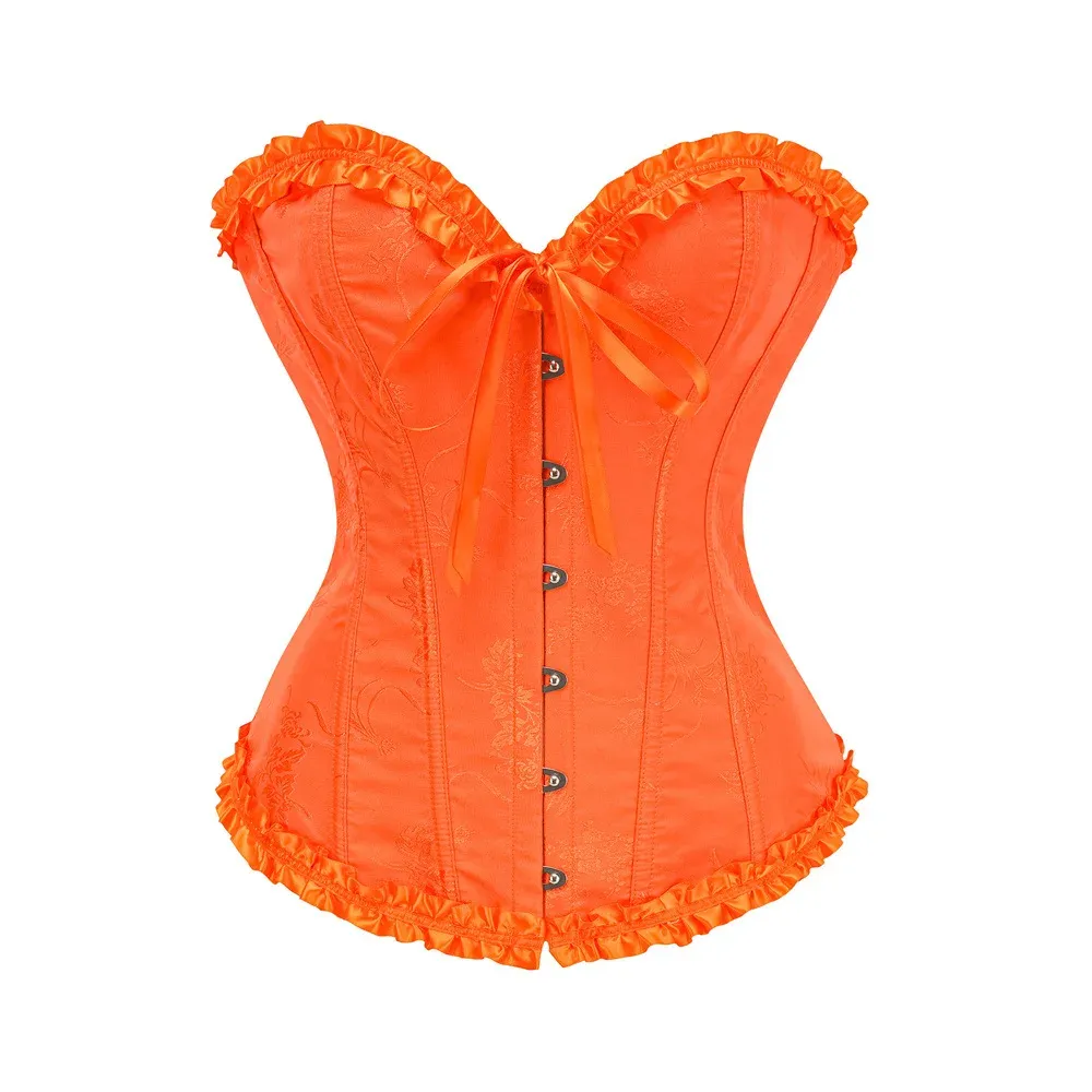 Yellow Jacquard Ruffled Trim Boned Overbust Corset Top for Women - Sexy Gothic Push Up Bustier with Lace Up Back for Slimming and Waist Training - Image 2