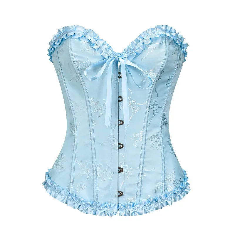 Yellow Jacquard Ruffled Trim Boned Overbust Corset Top for Women - Sexy Gothic Push Up Bustier with Lace Up Back for Slimming and Waist Training showcase 6