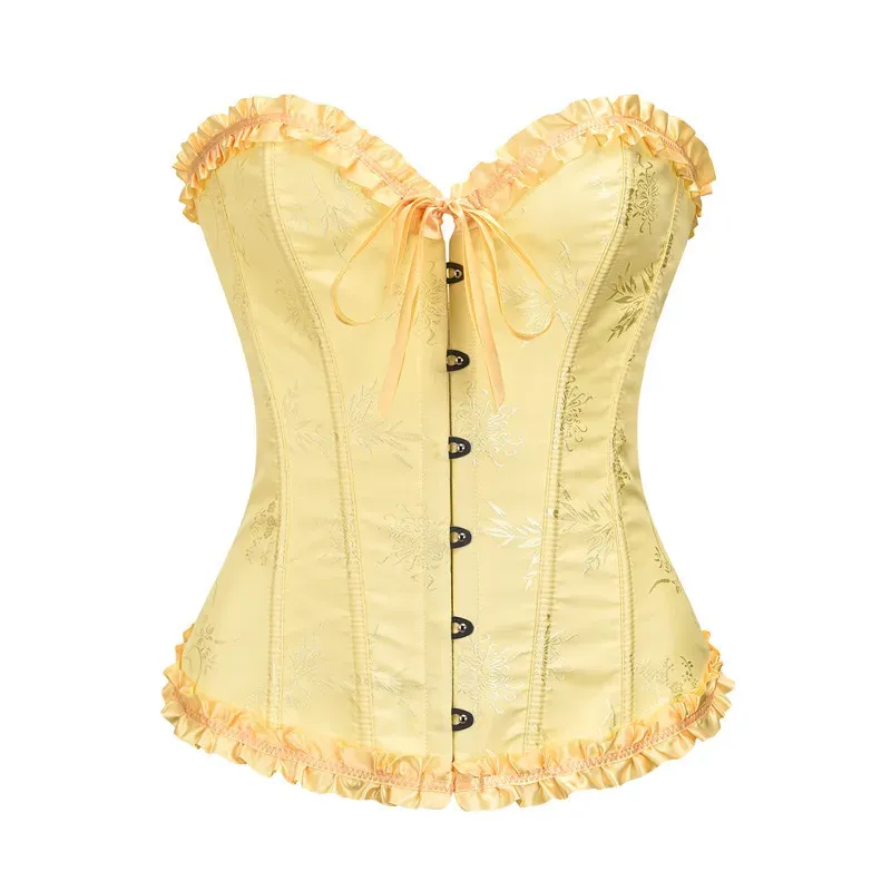 Yellow Jacquard Ruffled Trim Boned Overbust Corset Top for Women - Sexy Gothic Push Up Bustier with Lace Up Back for Slimming and Waist Training showcase 4