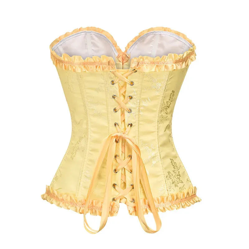 Yellow Jacquard Ruffled Trim Boned Overbust Corset Top for Women - Sexy Gothic Push Up Bustier with Lace Up Back for Slimming and Waist Training showcase 5