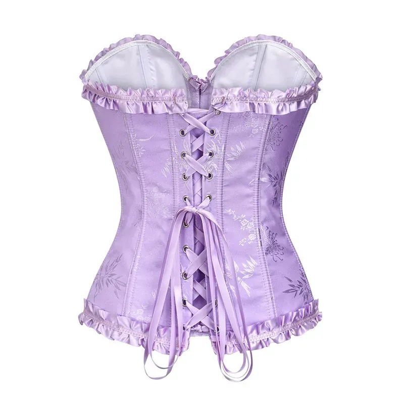 Yellow Jacquard Ruffled Trim Boned Overbust Corset Top for Women - Sexy Gothic Push Up Bustier with Lace Up Back for Slimming and Waist Training showcase 9