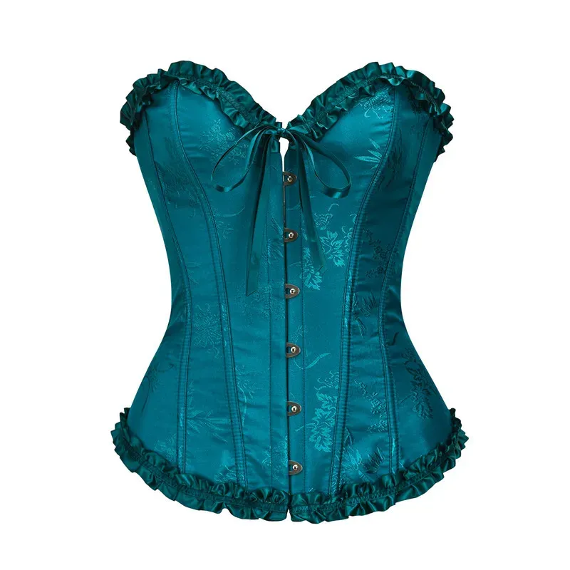 Yellow Jacquard Ruffled Trim Boned Overbust Corset Top for Women - Sexy Gothic Push Up Bustier with Lace Up Back for Slimming and Waist Training showcase 12