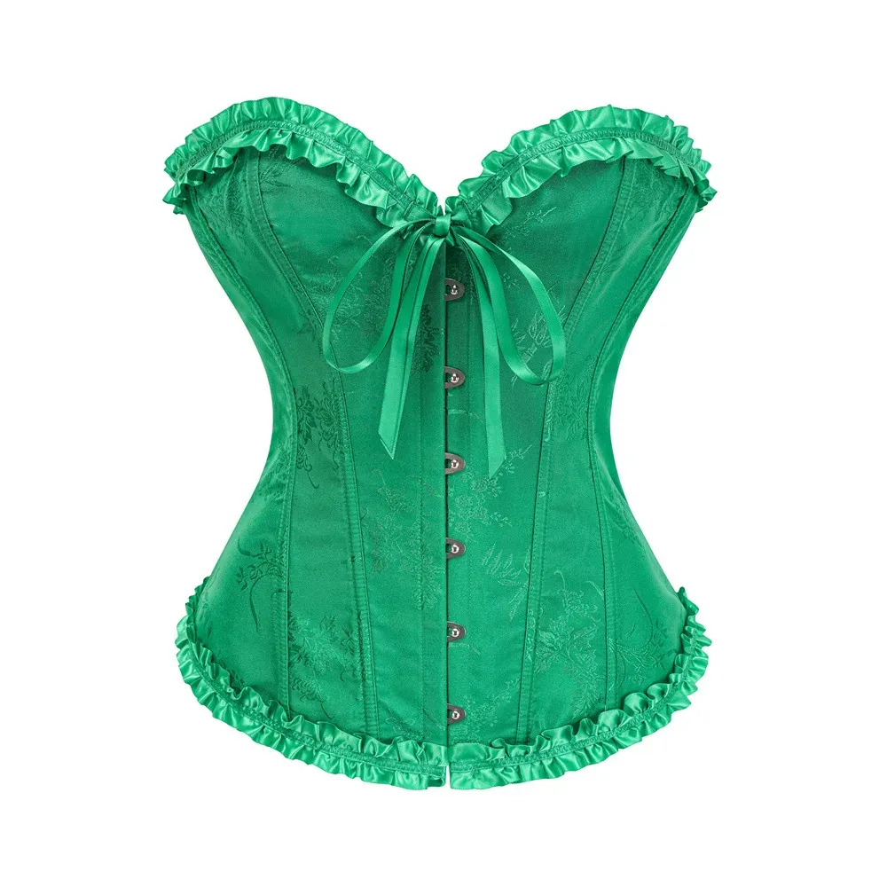 Yellow Jacquard Ruffled Trim Boned Overbust Corset Top for Women - Sexy Gothic Push Up Bustier with Lace Up Back for Slimming and Waist Training showcase 14