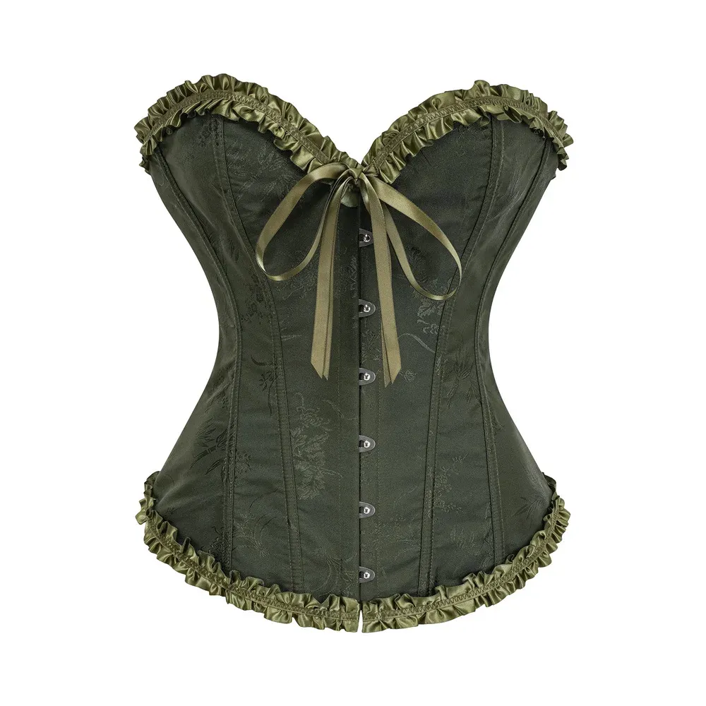 Yellow Jacquard Ruffled Trim Boned Overbust Corset Top for Women - Sexy Gothic Push Up Bustier with Lace Up Back for Slimming and Waist Training showcase 18