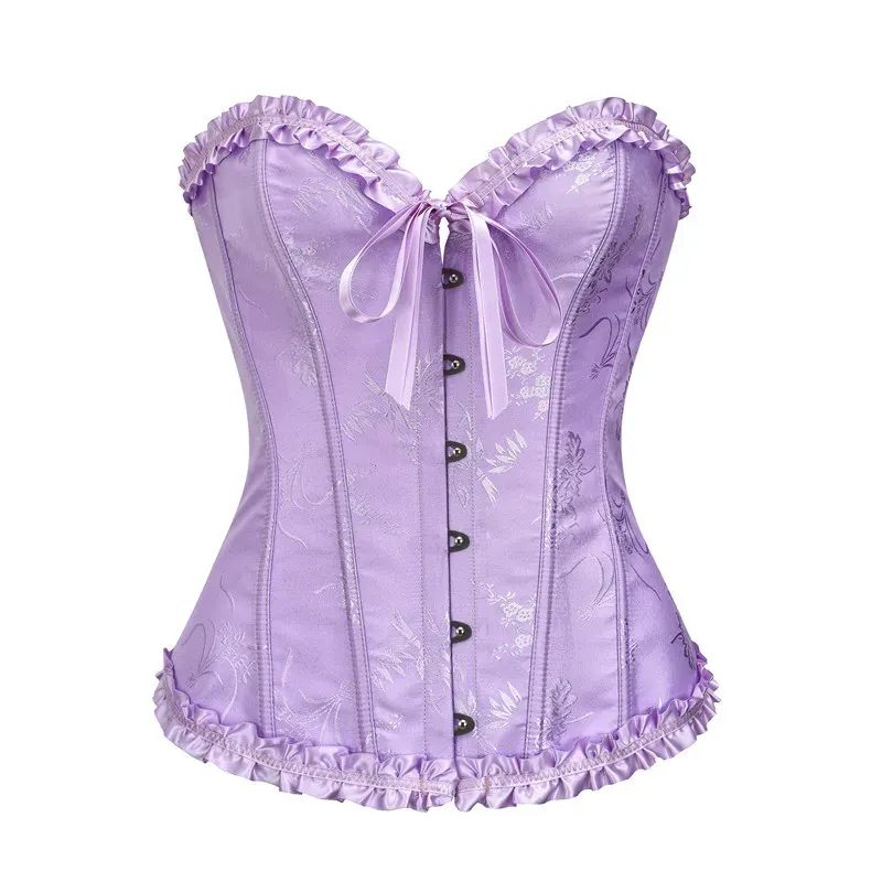 Yellow Jacquard Ruffled Trim Boned Overbust Corset Top for Women - Sexy Gothic Push Up Bustier with Lace Up Back for Slimming and Waist Training showcase 8