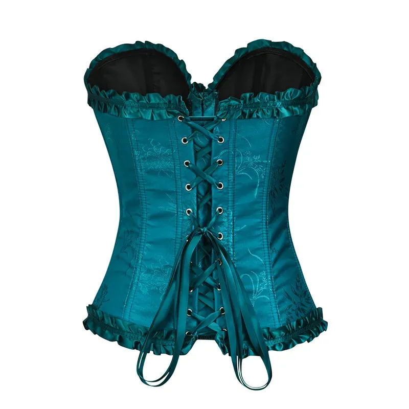 Yellow Jacquard Ruffled Trim Boned Overbust Corset Top for Women - Sexy Gothic Push Up Bustier with Lace Up Back for Slimming and Waist Training showcase 13