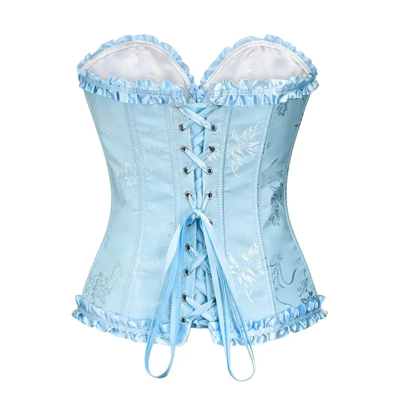 Yellow Jacquard Ruffled Trim Boned Overbust Corset Top for Women - Sexy Gothic Push Up Bustier with Lace Up Back for Slimming and Waist Training showcase 7