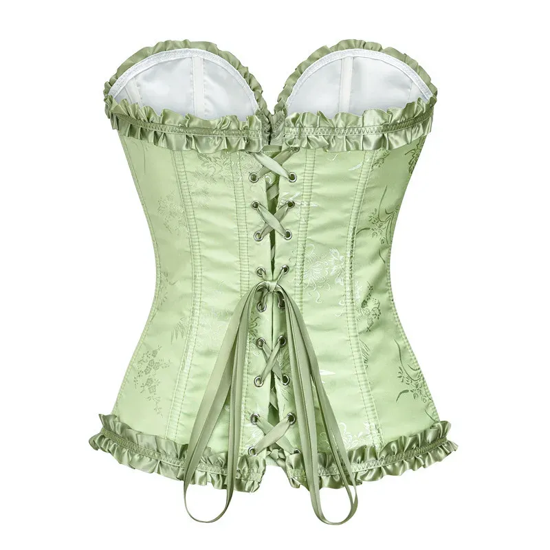 Yellow Jacquard Ruffled Trim Boned Overbust Corset Top for Women - Sexy Gothic Push Up Bustier with Lace Up Back for Slimming and Waist Training showcase 17