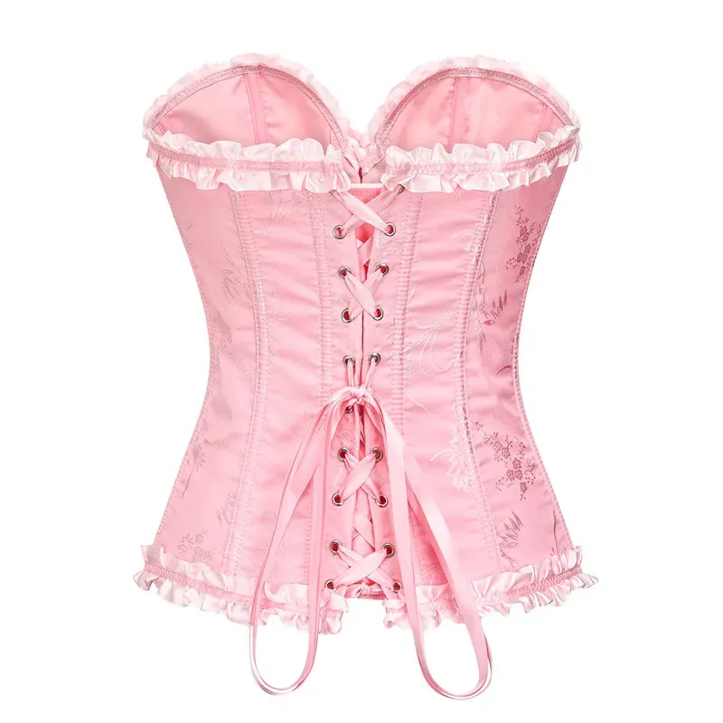 Yellow Jacquard Ruffled Trim Boned Overbust Corset Top for Women - Sexy Gothic Push Up Bustier with Lace Up Back for Slimming and Waist Training showcase 11