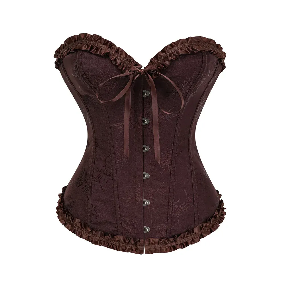 Yellow Jacquard Ruffled Trim Boned Overbust Corset Top for Women - Sexy Gothic Push Up Bustier with Lace Up Back for Slimming and Waist Training showcase 20