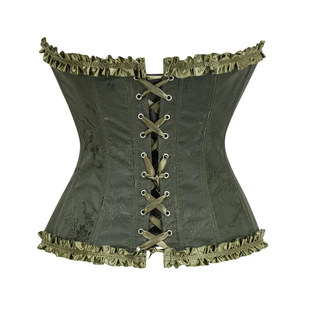 Yellow Jacquard Ruffled Trim Boned Overbust Corset Top for Women - Sexy Gothic Push Up Bustier with Lace Up Back for Slimming and Waist Training showcase 19