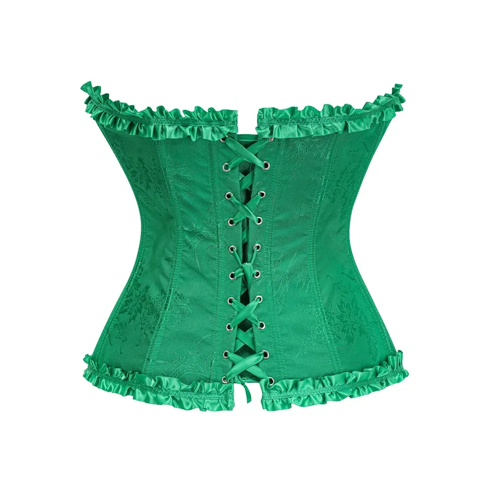 Yellow Jacquard Ruffled Trim Boned Overbust Corset Top for Women - Sexy Gothic Push Up Bustier with Lace Up Back for Slimming and Waist Training showcase 15