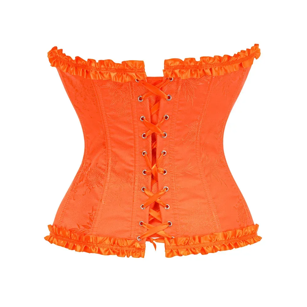 Yellow Jacquard Ruffled Trim Boned Overbust Corset Top for Women - Sexy Gothic Push Up Bustier with Lace Up Back for Slimming and Waist Training showcase 3