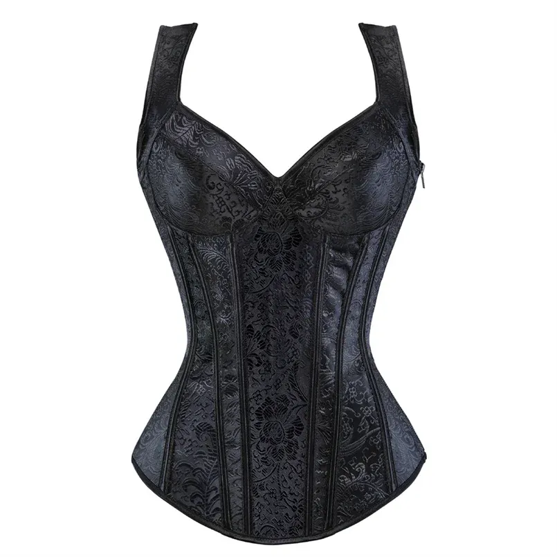 Women's Black Floral Jacquard Corset Bustier Top with Straps, Plus Size Overbust Steampunk Gothic Style, Zipper Closure, Adjustable Fit thumbnail 1