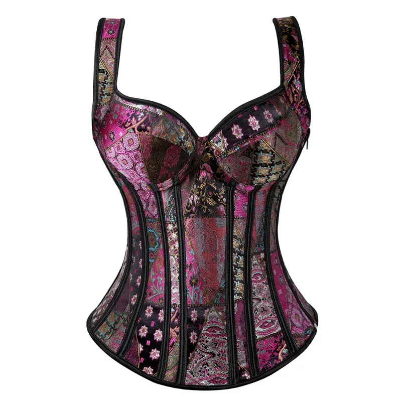 Women's Black Floral Jacquard Corset Bustier Top with Straps, Plus Size Overbust Steampunk Gothic Style, Zipper Closure, Adjustable Fit thumbnail 4