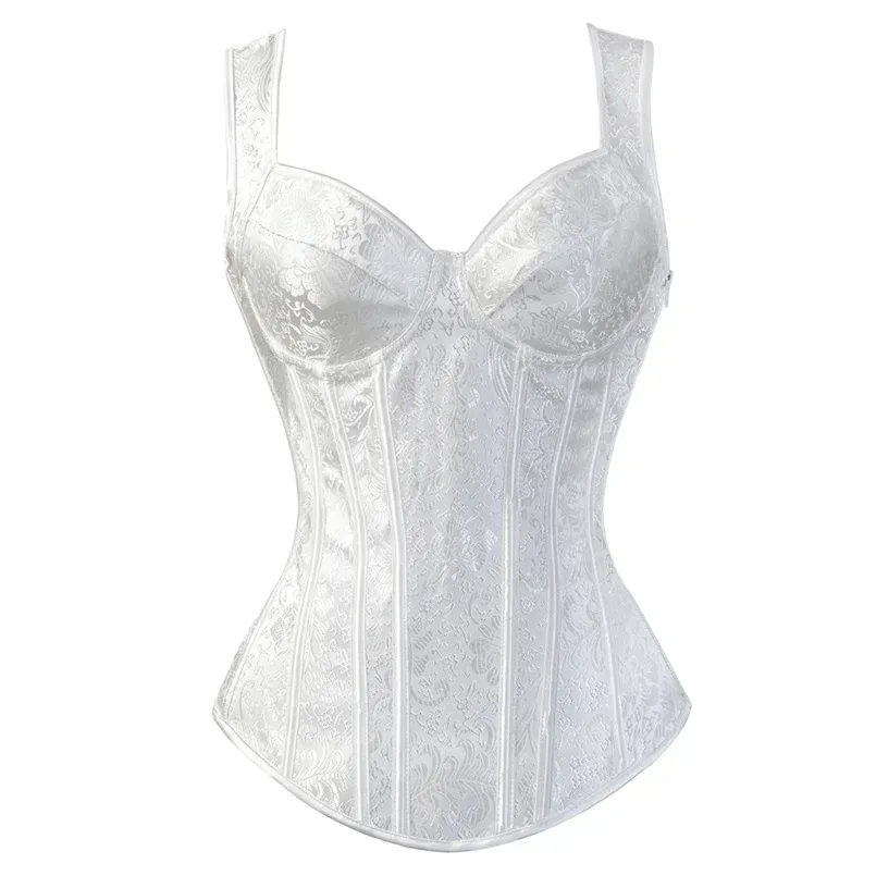Women's Black Floral Jacquard Corset Bustier Top with Straps, Plus Size Overbust Steampunk Gothic Style, Zipper Closure, Adjustable Fit thumbnail 5