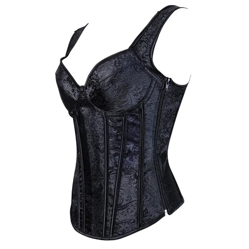 Women's Black Floral Jacquard Corset Bustier Top with Straps, Plus Size Overbust Steampunk Gothic Style, Zipper Closure, Adjustable Fit thumbnail 2
