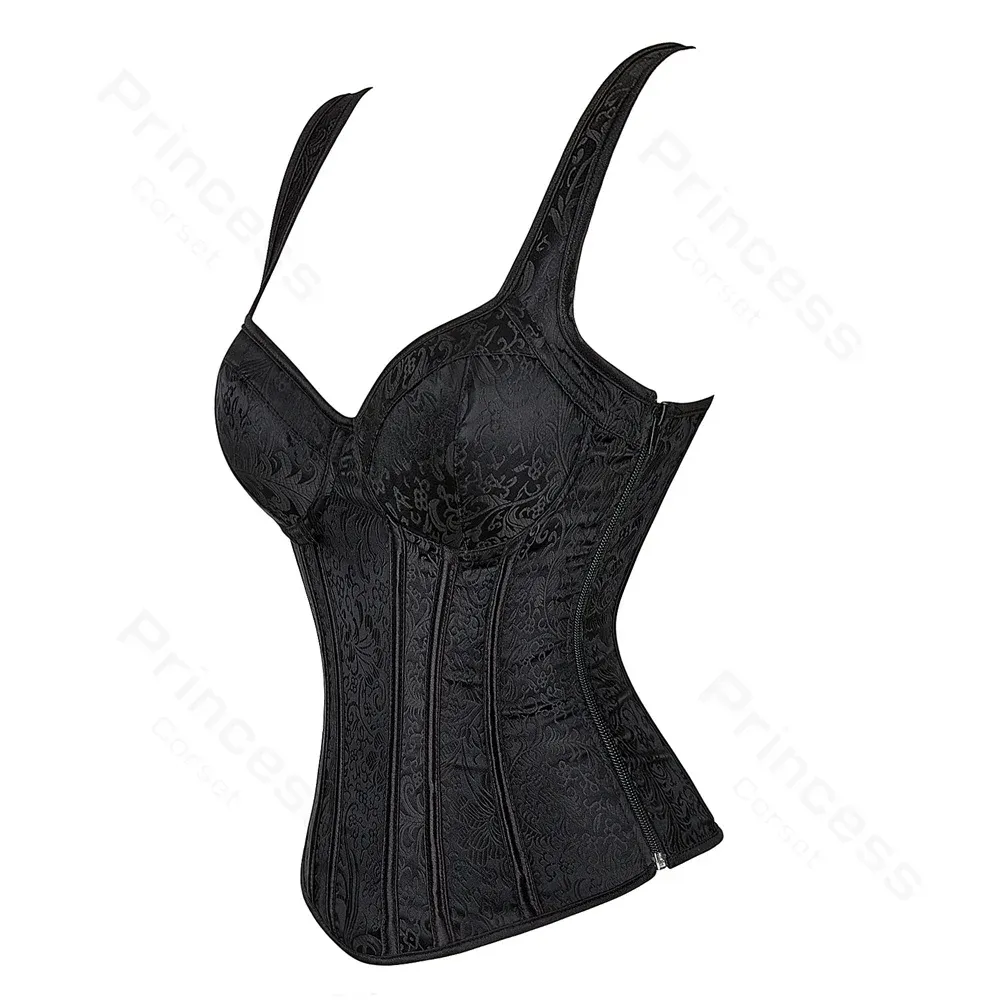 Women's Black Floral Jacquard Corset Bustier Top with Straps, Plus Size Overbust Steampunk Gothic Style, Zipper Closure, Adjustable Fit showcase 9