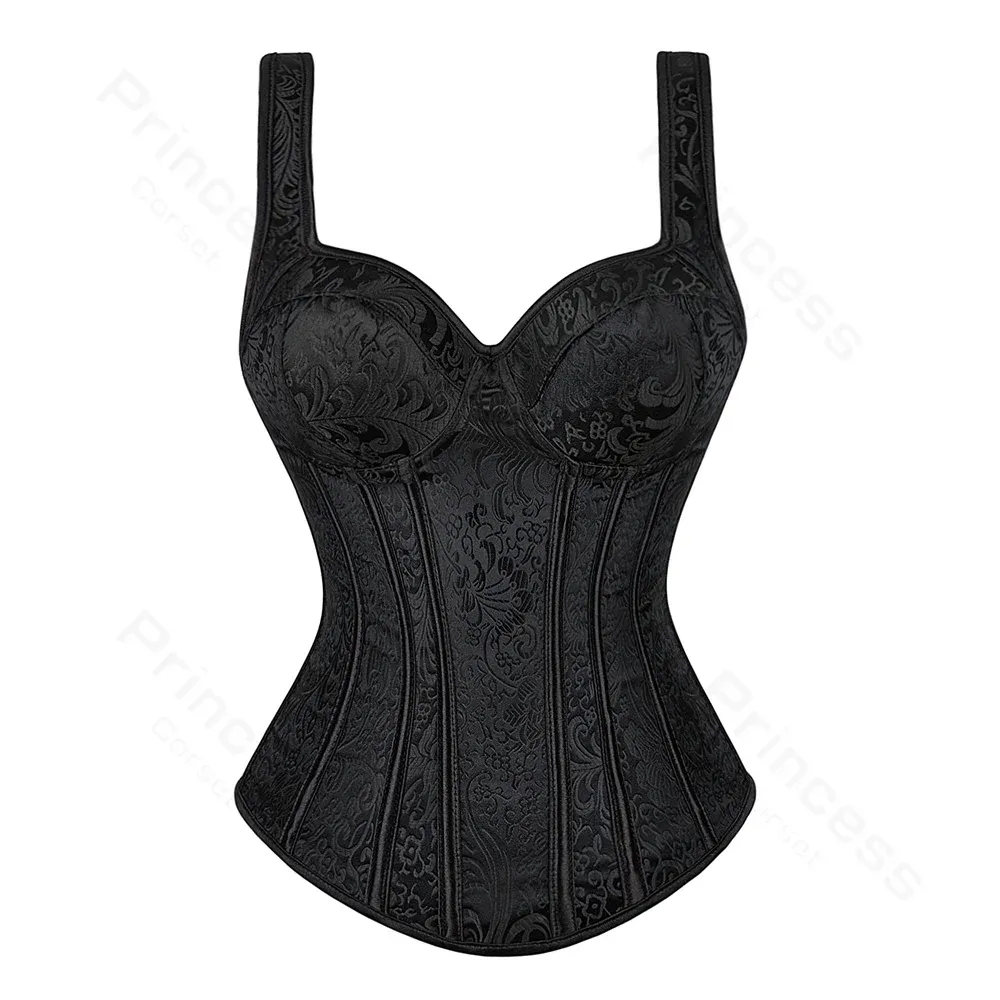 Women's Black Floral Jacquard Corset Bustier Top with Straps, Plus Size Overbust Steampunk Gothic Style, Zipper Closure, Adjustable Fit showcase 8