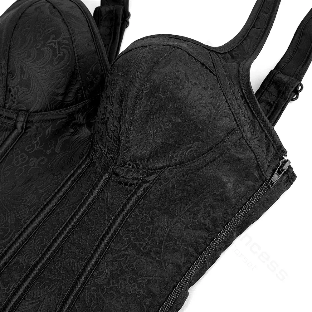 Women's Black Floral Jacquard Corset Bustier Top with Straps, Plus Size Overbust Steampunk Gothic Style, Zipper Closure, Adjustable Fit showcase 12