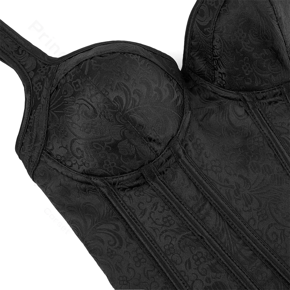 Women's Black Floral Jacquard Corset Bustier Top with Straps, Plus Size Overbust Steampunk Gothic Style, Zipper Closure, Adjustable Fit showcase 11