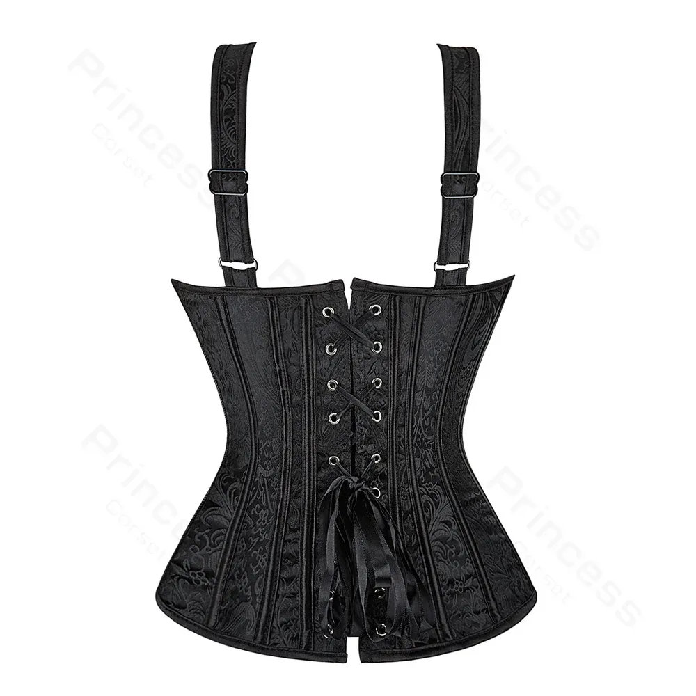 Women's Black Floral Jacquard Corset Bustier Top with Straps, Plus Size Overbust Steampunk Gothic Style, Zipper Closure, Adjustable Fit showcase 10