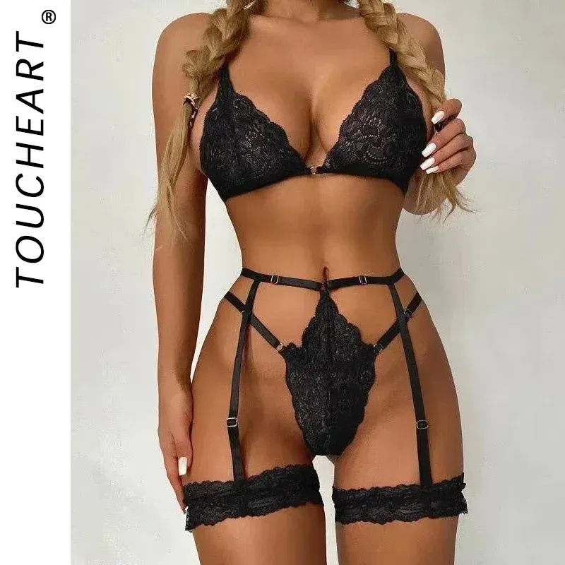 Toucheart 3-Piece Lace Lingerie Set for Women: Sexy Transparent Bra & Panty Sleepwear, Erotic Underwear for Intimate Occasions - Image 2