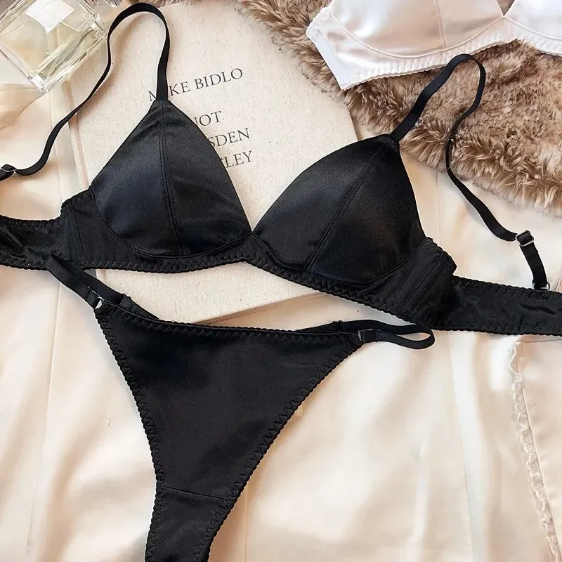 Women's Sexy Silken Triangle Cup Wireless Bra & Thong Lingerie Set - Seamless Bralette Intimates for Summer Comfort showcase 6