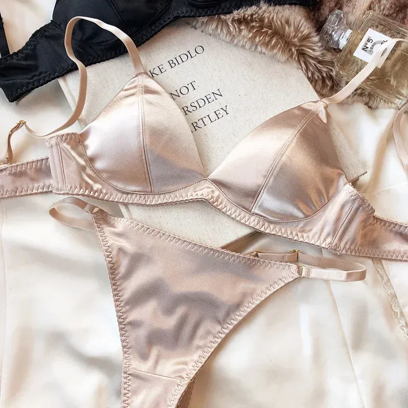 Women's Sexy Silken Triangle Cup Wireless Bra & Thong Lingerie Set - Seamless Bralette Intimates for Summer Comfort showcase 12