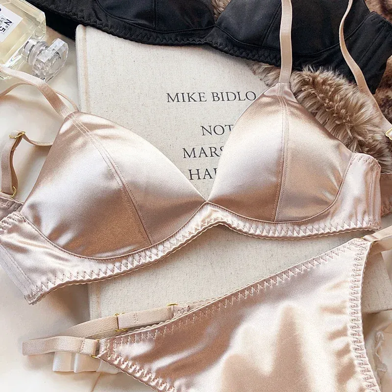 Women's Sexy Silken Triangle Cup Wireless Bra & Thong Lingerie Set - Seamless Bralette Intimates for Summer Comfort showcase 13