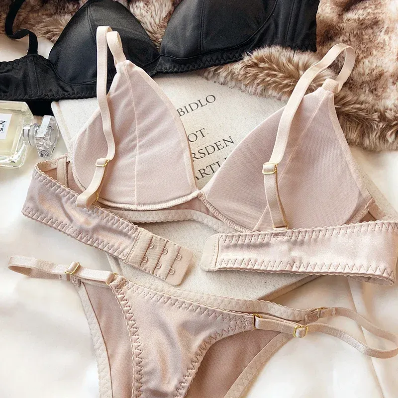 Women's Sexy Silken Triangle Cup Wireless Bra & Thong Lingerie Set - Seamless Bralette Intimates for Summer Comfort showcase 14