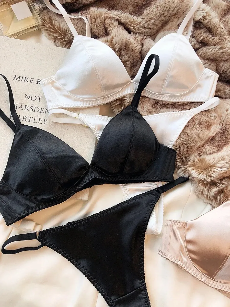 Women's Sexy Silken Triangle Cup Wireless Bra & Thong Lingerie Set - Seamless Bralette Intimates for Summer Comfort showcase 3