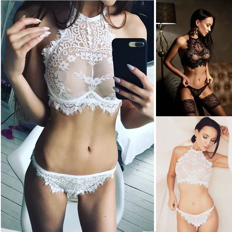 Women's Sexy Lace Perspective Bra Set with Halter Neck and Full Chest Printing - Beautiful Lingerie for Nightwear showcase 2