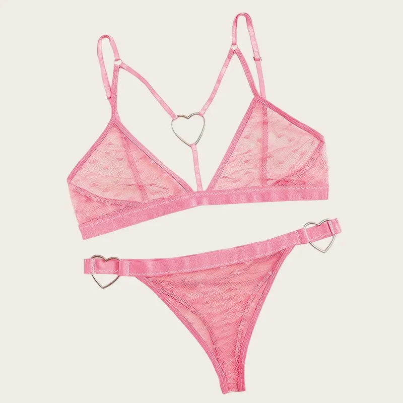 Women's Sexy Heart Print Lingerie Set - Erotic Transparent Mesh Bralette with Ring Linked Detail, 2-Piece Intimate Underwear