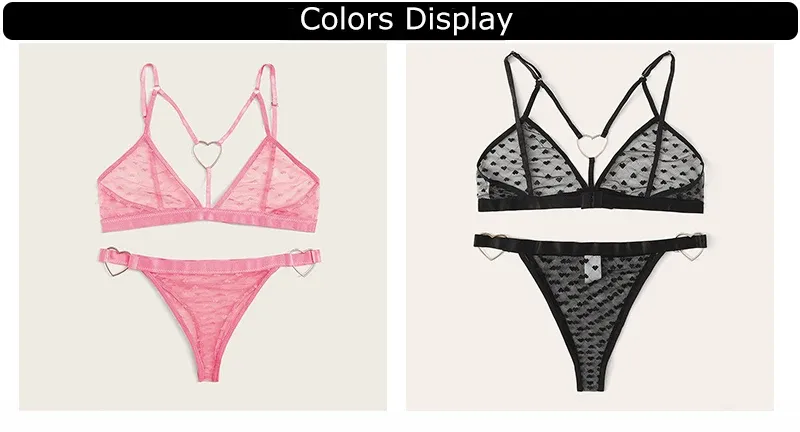 Women's Sexy Heart Print Lingerie Set - Erotic Transparent Mesh Bralette with Ring Linked Detail, 2-Piece Intimate Underwear showcase 3