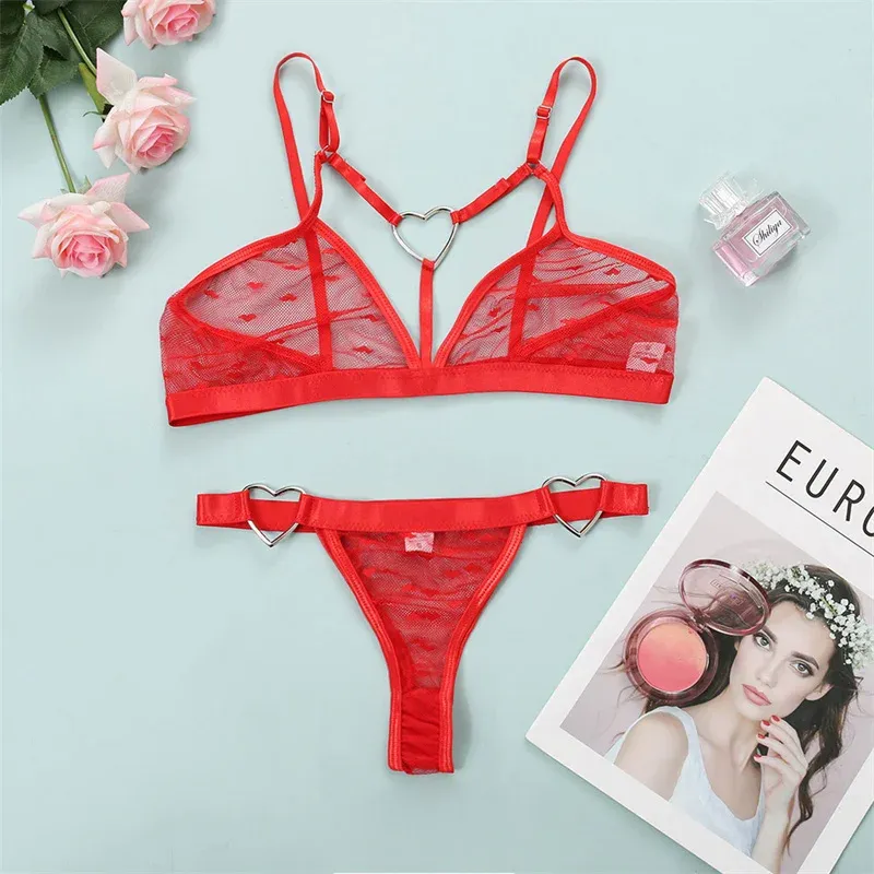 Women's Sexy Heart Print Lingerie Set - Erotic Transparent Mesh Bralette with Ring Linked Detail, 2-Piece Intimate Underwear - Image 5