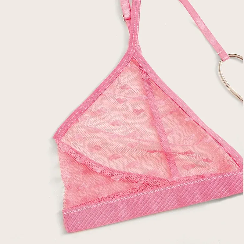 Women's Sexy Heart Print Lingerie Set - Erotic Transparent Mesh Bralette with Ring Linked Detail, 2-Piece Intimate Underwear showcase 6