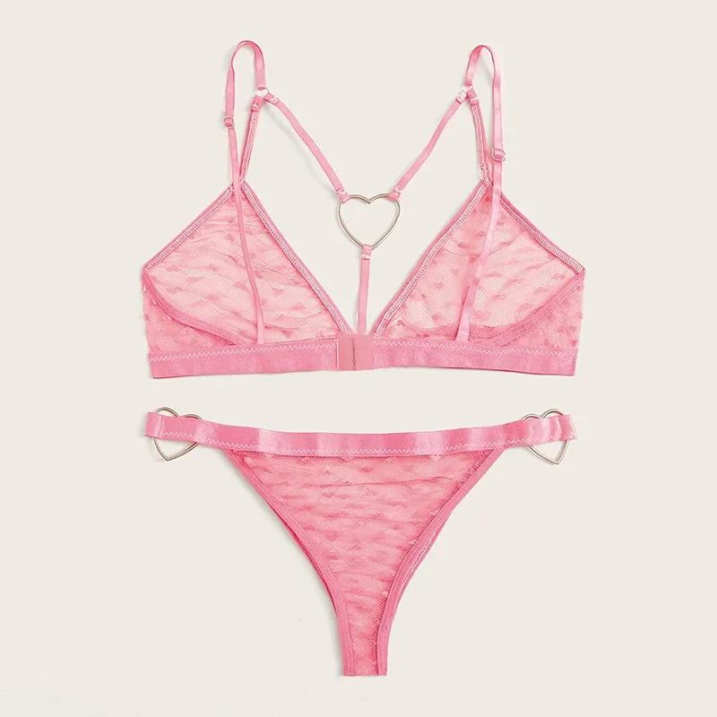 Women's Sexy Heart Print Lingerie Set - Erotic Transparent Mesh Bralette with Ring Linked Detail, 2-Piece Intimate Underwear - Image 3