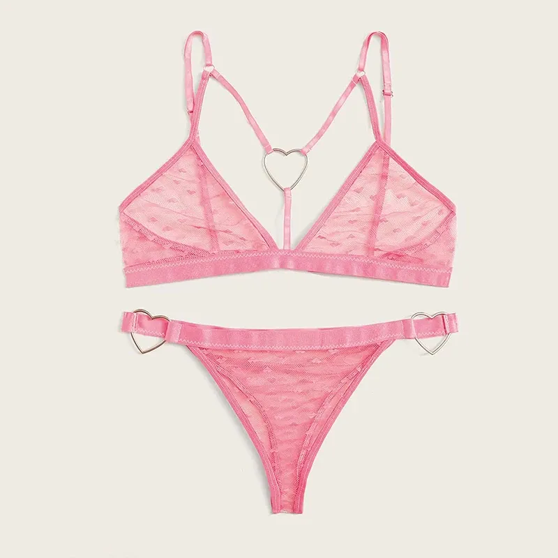 Women's Sexy Heart Print Lingerie Set - Erotic Transparent Mesh Bralette with Ring Linked Detail, 2-Piece Intimate Underwear showcase 4